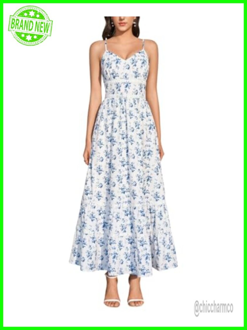 Women Floral Maxi Dress V Neck Spaghetti Strap Smocked Tiered Sundress